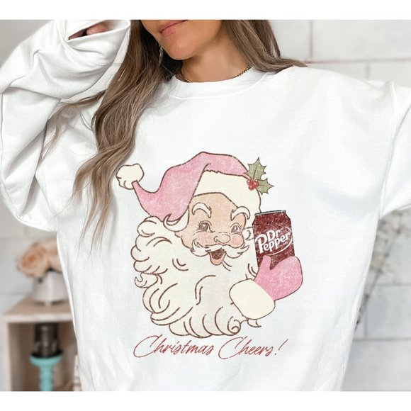Vintage Santa Dr Pepper Christmas Cheers White Crewneck Sweatshirt Sweater - Picture 1 of 1